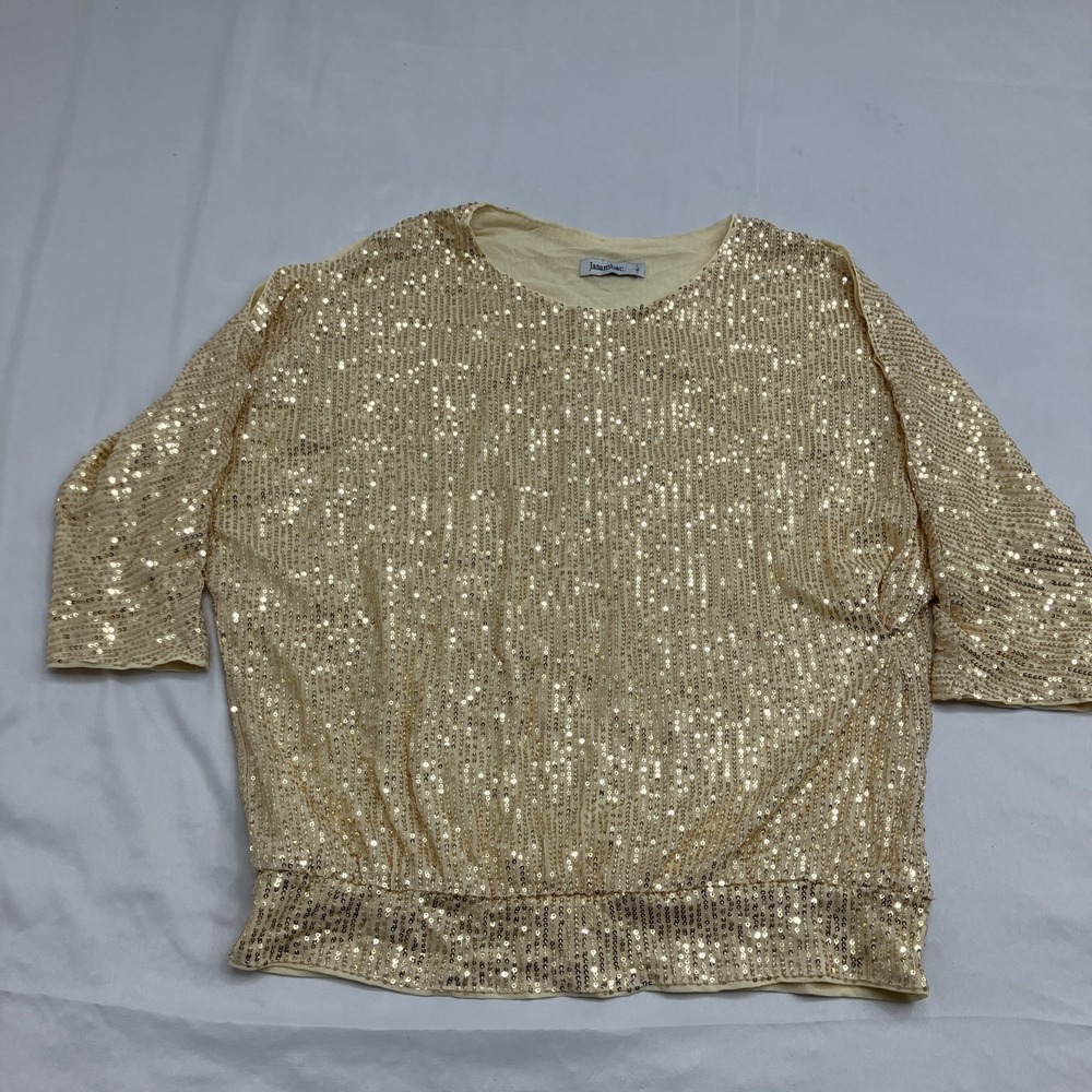 New Jasambac Size XL Cold Shoulder Sequin Top gold sparkle blouse